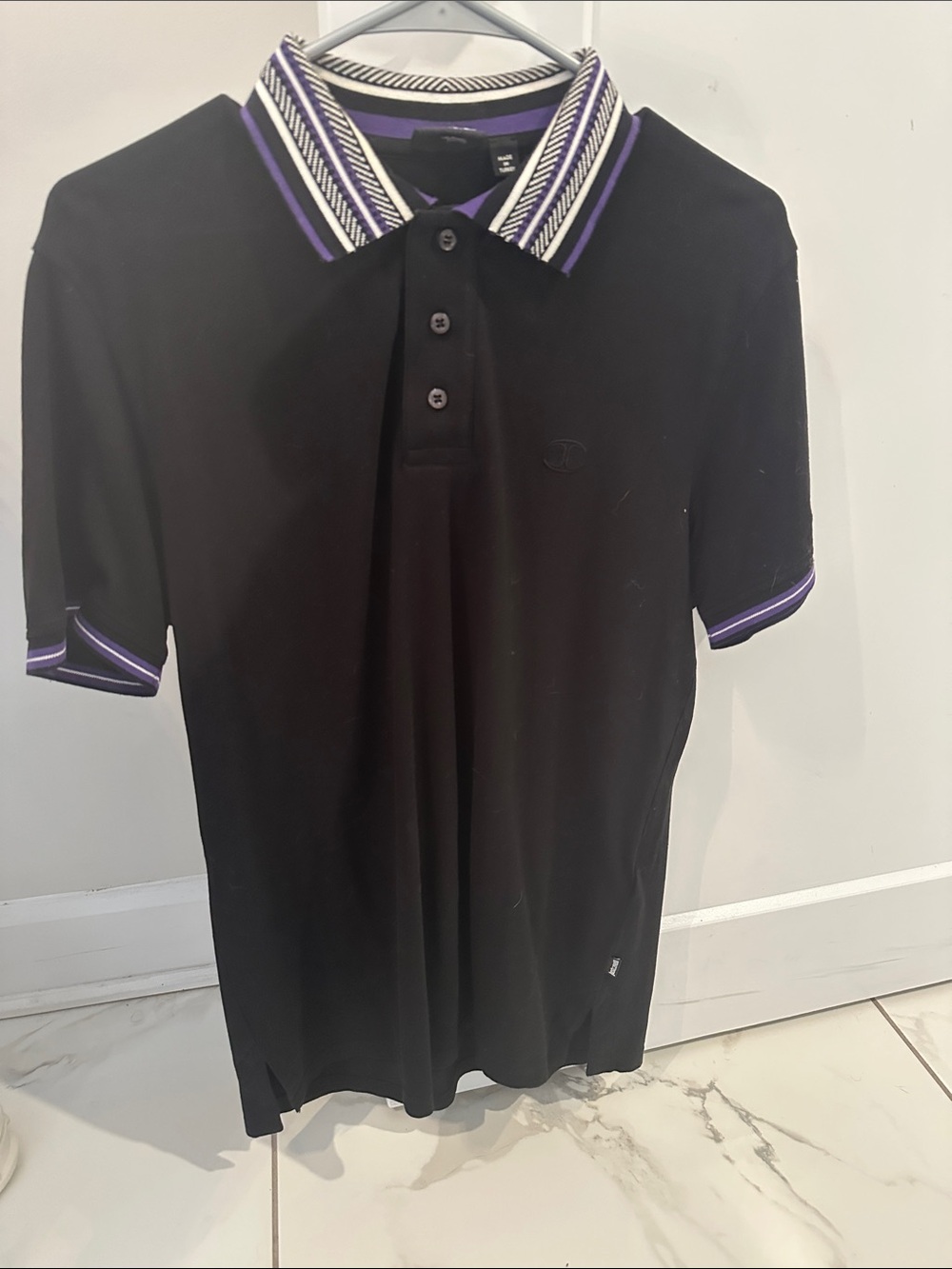 Just Cavalli Black Polo with Purple and White Trim MINT condition